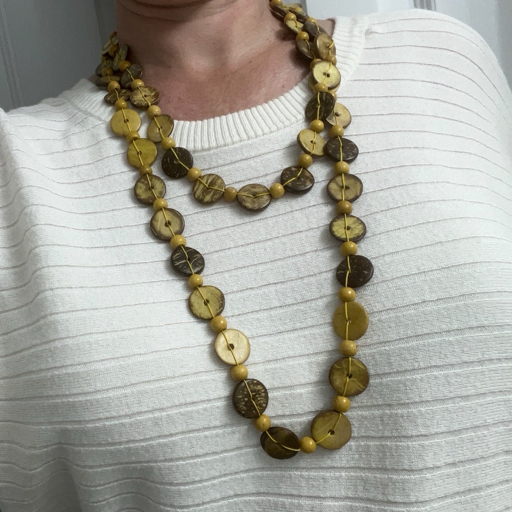 Long Yellow Beaded Necklace – 56” Double Strand Statement